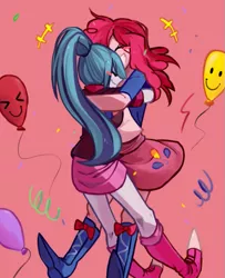 Size: 625x768 | Tagged: safe, artist:hisshi shoujo, derpibooru import, pinkie pie, sonata dusk, equestria girls, clothes, female, hug, lesbian, pinata (ship), pixiv, shipping, skirt