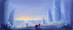 Size: 2600x1087 | Tagged: dead source, safe, artist:shamanguli, derpibooru import, twilight sparkle, twilight sparkle (alicorn), alicorn, pony, female, ice, mare, mountain, pillar, solo, sunset