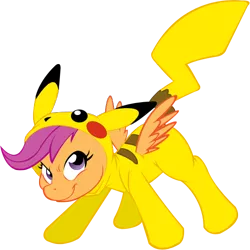 Size: 542x541 | Tagged: artist:axlewolf, artist:moophins, clothes, costume, crossover, derpibooru import, pikachu, pokémon, safe, scootachu, scootaloo, simple background, solo, transparent background, vector