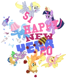 Size: 852x1000 | Tagged: safe, artist:pixelkitties, derpibooru import, applejack, derpy hooves, fluttershy, spike, trixie, twilight sparkle, twilight sparkle (alicorn), alicorn, bat pony, princess twilight sparkle (episode), alcohol, apple, bat ponified, flutterbat, food, glare, gritted teeth, happy new year, hat, holiday, jewelry, lampshade, lampshade hat, mystery box of plot importance, race swap, simple background, smiling, spread wings, tiara, transparent background, twilight is not amused, unamused, upside down, wide eyes, wings