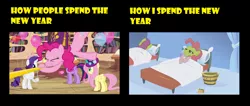 Size: 2900x1224 | Tagged: safe, derpibooru import, screencap, cherry punch, fluttershy, pinkie pie, rarity, twilight sparkle, twilight sparkle (alicorn), alicorn, pony, applebuck season, daring don't, 2015, back of head, baked bads, bed, butt, female, mare, meme, meta, new year, party, plot, sick, yellow words