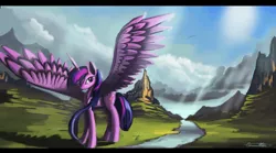 Size: 1280x711 | Tagged: safe, artist:auroriia, derpibooru import, twilight sparkle, twilight sparkle (alicorn), alicorn, pony, female, mare, solo, spread wings, wings