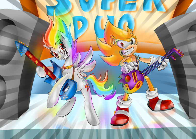 Size: 3507x2481 | Tagged: artist:thegreatrouge, crossover, derpibooru import, guitar, musical instrument, rainbow dash, safe, sonic the hedgehog, sonic the hedgehog (series), super rainbow dash, super sonic