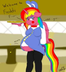 Size: 1182x1280 | Tagged: anthro, artist:theimmortalwolf, belly, big belly, clothes, derpibooru import, five nights at freddy's, looking at you, oc, oc:rainbow melody, pregnant, safe, talking to viewer, uniform, unofficial characters only, wardrobe malfunction