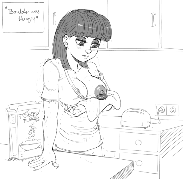 Size: 900x882 | Tagged: questionable, artist:kevinsano, derpibooru import, boulder (pet), maud pie, human, breast milk, breastfeeding, breasts, busty maud pie, female, grayscale, humanized, lactation, milk, monochrome, nipples, nudity, rock, suckling, that pony sure does love rocks, wat