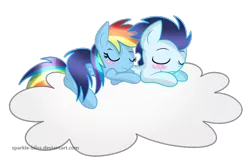 Size: 1000x655 | Tagged: safe, artist:sparkle-bliss, derpibooru import, rainbow dash, soarin', blushing, cloud, female, male, shipping, simple background, sleeping, soarindash, straight, transparent background