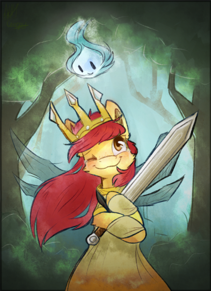 Size: 905x1249 | Tagged: safe, artist:suplolnope, derpibooru import, ponified, pony, aurora (child of light), child of light, clothes, crown, crying, dress, igniculus, jewelry, regalia, sword, weapon