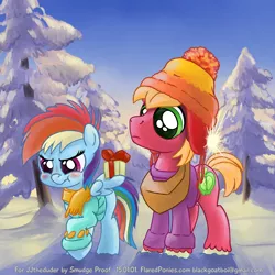 Size: 1800x1800 | Tagged: safe, artist:smudge proof, derpibooru import, big macintosh, rainbow dash, earth pony, pony, :t, blushing, clothes, commission, female, firefly (series), forest, hat, male, outdoors, present, rainbowmac, scrunchy face, shipping, snow, stallion, straight, sweater, toy ship, tsunderainbow, tsundere, young, younger