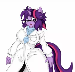 Size: 1333x1284 | Tagged: anthro, artist:mad'n evil, breast expansion, breasts, busty twilight sparkle, clothes, coat, derpibooru import, expansion, female, growth, lab, messy mane, science, sci-twi, suggestive, tight, twilight sparkle