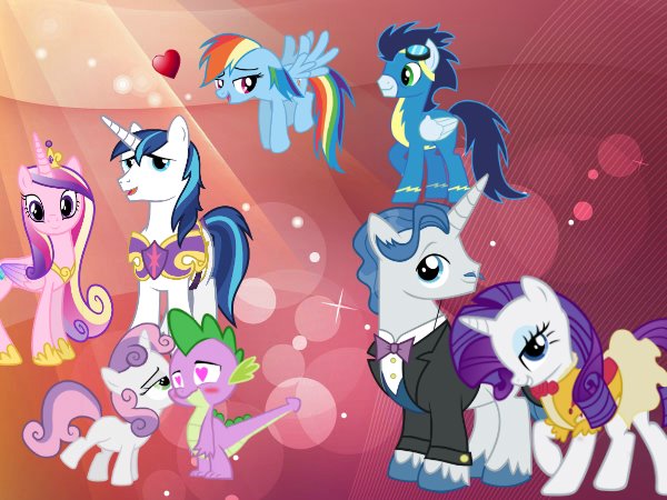 Size: 600x450 | Tagged: safe, derpibooru import, fancypants, princess cadance, rainbow dash, rarity, shining armor, soarin', spike, sweetie belle, female, heart, male, raripants, shiningcadance, shipping, soarindash, spikebelle, straight, tail, tailboner, various artists