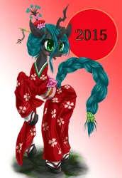 Size: 1030x1500 | Tagged: alternate hairstyle, artist:nipa, blushing, braid, clothes, derpibooru import, flower, flower in hair, kimono (clothing), open mouth, pixiv, queen chrysalis, raised hoof, safe, smiling, solo