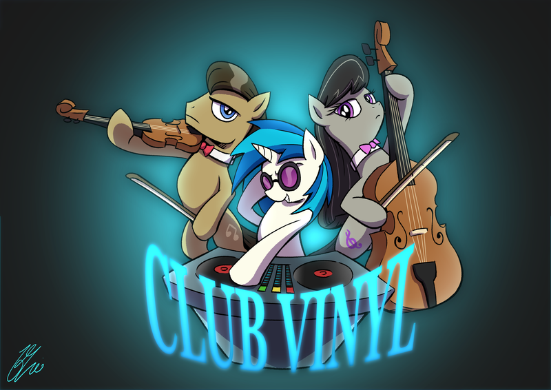 Size: 2046x1447 | Tagged: safe, artist:lovelyneckbeard, derpibooru import, concerto, octavia melody, vinyl scratch, pony, bipedal, bow (instrument), cello, cello bow, commission, musical instrument, sunglasses, turntable, violin, violin bow