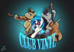 Size: 2046x1447 | Tagged: safe, artist:lovelyneckbeard, derpibooru import, concerto, octavia melody, vinyl scratch, pony, bipedal, bow (instrument), cello, cello bow, commission, musical instrument, sunglasses, turntable, violin, violin bow