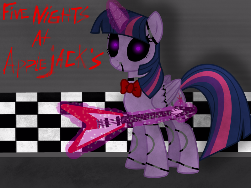 Size: 2048x1536 | Tagged: safe, artist:birdivizer, derpibooru import, twilight sparkle, twilight sparkle (alicorn), alicorn, pony, robot, five nights at aj's, animatronic, female, five nights at freddy's, guitar, mare, musical instrument, solo, twibon