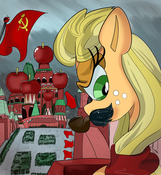 Size: 1200x1300 | Tagged: apple, applejack, artist:chrischin, derpibooru import, flag, food, josef stalin, military, russia, safe, soviet union, st. basil's cathedral