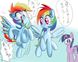 Size: 1000x800 | Tagged: safe, artist:chrischin, derpibooru import, rainbow dash, twilight sparkle, twilight sparkle (alicorn), alicorn, pony, female, japanese, mare, translation request, twins, underhoof