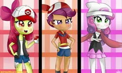 Size: 3000x1800 | Tagged: safe, artist:vixelzf, derpibooru import, apple bloom, scootaloo, sweetie belle, equestria girls, crossover, cutie mark crusaders, dawn (pokémon), hilda, image, jpeg, may, may (pokémon), pokéball, pokémon