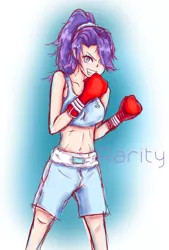 Size: 1378x2039 | Tagged: 20% cooler, artist:elitednehi, belly button, boxer, clothes, derpibooru import, human, humanized, looking at you, midriff, rarity, safe, shorts, smiling, solo, sports bra