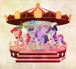 Size: 600x540 | Tagged: safe, artist:kairean, derpibooru import, pinkie pie, rarity, twilight sparkle, twilight sparkle (alicorn), alicorn, pony, carousel, female, mare