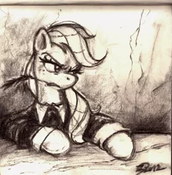 Size: 800x814 | Tagged: safe, artist:thezeo, derpibooru import, applejack, pony, charcoal drawing, clothes, hatless, missing accessory, monochrome, serious, serious face, silly, silly pony, traditional art, who's a silly pony
