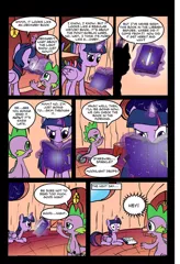 Size: 739x1082 | Tagged: safe, artist:leon-z, derpibooru import, spike, twilight sparkle, twilight sparkle (alicorn), alicorn, pony, comic:returns endings & beginnings, book, comic, female, golden oaks library, mare