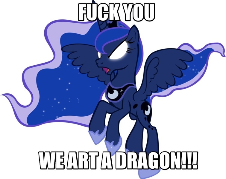 Size: 1003x797 | Tagged: caption, derpibooru import, fuck you i'm a dragon, fyiad, image macro, meme, otherkin, princess luna, royal we, safe, solo, text, traditional royal canterlot voice, vulgar, yu yu hakusho abridged