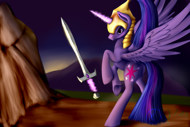 Size: 1280x853 | Tagged: safe, artist:xormak, derpibooru import, twilight sparkle, twilight sparkle (alicorn), alicorn, pony, female, helmet, mare, realistic, solo, sword, underhoof, weapon