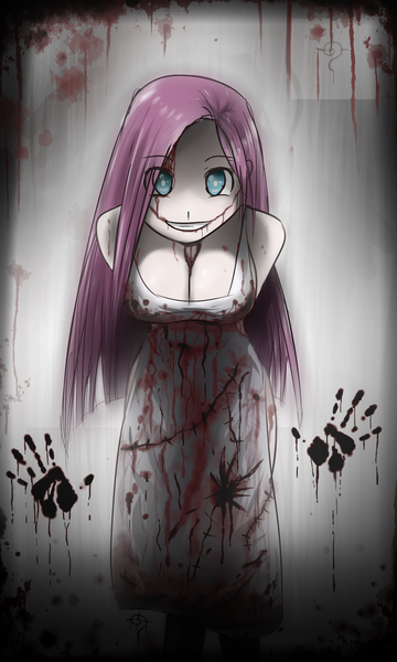 Size: 1500x2500 | Tagged: apron, artist:burnoid096, blood, blood hands, breasts, busty pinkie pie, butcher's apron, cleavage, clothes, derpibooru import, fanfic:cupcakes, female, glasgow smile, grimdark, human, humanized, nightmare fuel, pinkamena diane pie, pinkie pie, rain, slasher smile, smiling, solo, solo female, stockings, suggestive, thigh highs