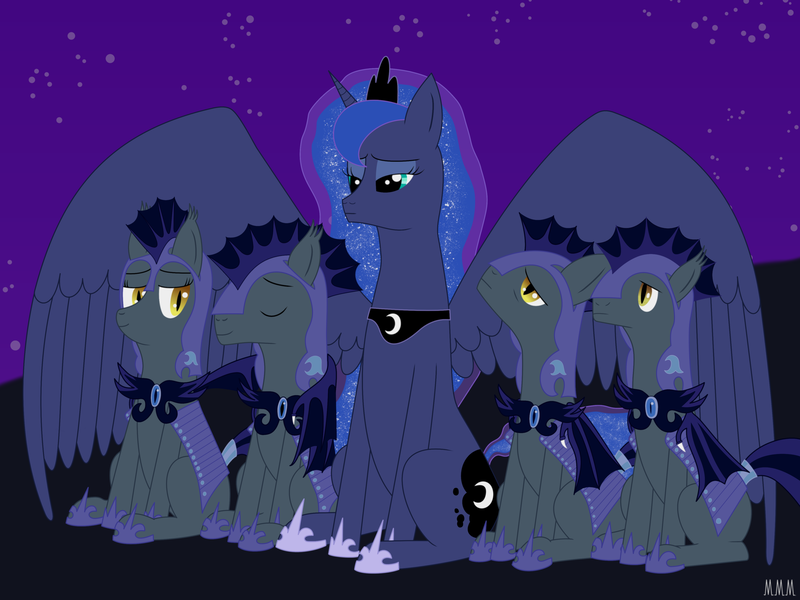 Size: 3968x2976 | Tagged: safe, artist:tyto4tme4l, derpibooru import, echo (bat pony), nocturn, princess luna, bat pony, pony, armor, echo and nocturn, harem, hug, implied shipping, night, night guard, spread wings, winghug, wings