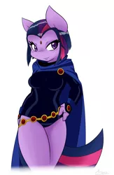 Size: 1222x1877 | Tagged: anthro, artist:ambris, clothes, cosplay, costume, derpibooru import, missing horn, multiple variants, raven (teen titans), safe, simple background, solo, twilight sparkle, twiraven, voice actor joke, white background