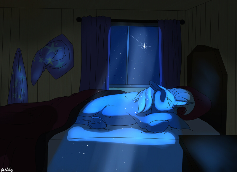 Size: 1000x727 | Tagged: safe, artist:backlash91, derpibooru import, trixie, pony, unicorn, bed, bedroom, cape, clothes, female, hat, mare, moonlight, night, sleeping, solo, trixie's cape, trixie's hat, underhoof, window