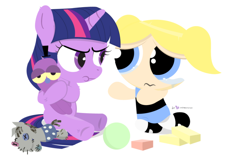 Size: 920x640 | Tagged: artist:dm29, ball, blocks, bubbles (powerpuff girls), crossover, crying, derpibooru import, duo, female, filly, filly twilight sparkle, kindergarten, mine!, octi, safe, simple background, smarty pants, the powerpuff girls, this will end in tears, transparent background, twilight sparkle, voice actor joke, younger