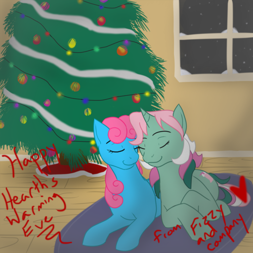 Size: 500x500 | Tagged: artist:kourabiedes, ask, ask fizzy, christmas, christmas tree, derpibooru import, eyes closed, female, fizzy, g1, heart, hearth's warming eve, holiday, lesbian, safe, shipping, tree, tumblr, whistlepop, wind whistler
