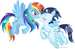 Size: 1024x672 | Tagged: safe, artist:sparkle-bliss, derpibooru import, rainbow dash, soarin', backwards cutie mark, blushing, female, male, shipping, simple background, soarindash, straight, transparent background