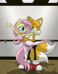 Size: 1183x1500 | Tagged: anthro, armpits, artist:miniferu, ballet, crossover, crossover shipping, dancing, derpibooru import, female, fluttershy, fluttertails, male, miles "tails" prower, shipping, sonic the hedgehog (series), straight, suggestive, tight clothing