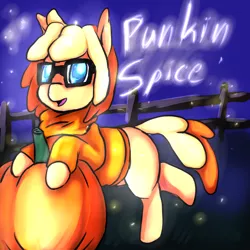 Size: 648x648 | Tagged: artist:fu-do, autumn, clothes, derpibooru import, firefly (insect), glasses, insect, night, oc, oc:punkin spice, pumpkin, pumpkin patch, safe, sweater, turtleneck, unofficial characters only