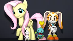 Size: 4140x2328 | Tagged: 3d, absurd resolution, angel bunny, chao, cheese, cream the rabbit, crossover, derpibooru import, fluttershy, food, safe, smiling, sonic the hedgehog (series), source filmmaker