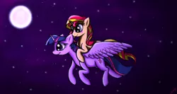 Size: 1366x728 | Tagged: safe, artist:xxmarkingxx, derpibooru import, sunset shimmer, twilight sparkle, twilight sparkle (alicorn), alicorn, pony, unicorn, flying, moon, night, riding
