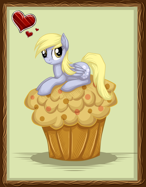 Size: 2826x3618 | Tagged: safe, artist:9de-light6, derpibooru import, derpy hooves, pegasus, pony, female, food, giant muffin, heart, i can't believe it's not mysticalpha, mare, muffin, prone, solo, style emulation, that pony sure does love muffins