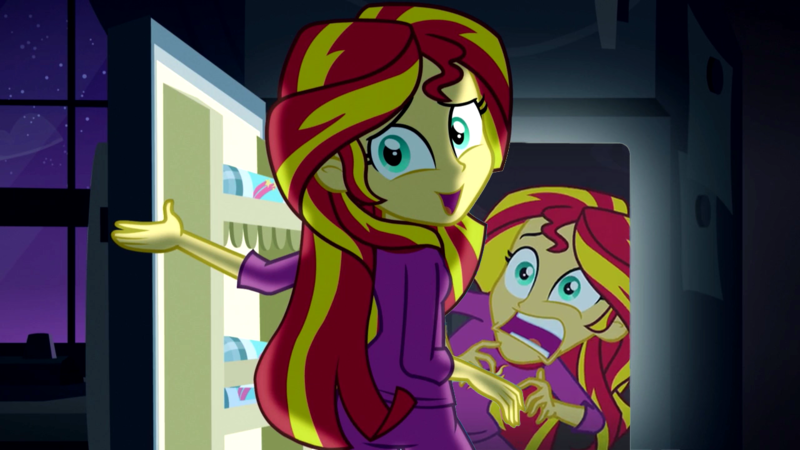 Size: 800x450 | Tagged: safe, derpibooru import, sunset shimmer, equestria girls, rainbow rocks, crossing the memes, exploitable meme, meme, obligatory pony, pinkie's refrigerator, refrigerator, sunset screamer, wat