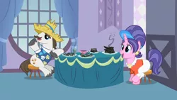 Size: 1280x720 | Tagged: ash, burnt juice, clothes, cookie crumbles, cookieflanks, derpibooru import, female, hat, hondo flanks, male, pants, rarity's parents, safe, screencap, shipping, shirt, sisterhooves social, stool, straight, table