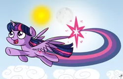 Size: 835x535 | Tagged: safe, artist:milchik, derpibooru import, twilight sparkle, twilight sparkle (alicorn), alicorn, pony, female, mare, moon, solo, sonic xboom, sun