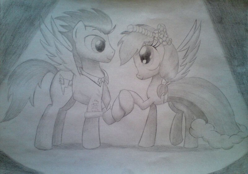 Size: 900x633 | Tagged: safe, artist:skyline14, derpibooru import, rainbow dash, soarin', female, male, marriage, monochrome, old cutie mark, shipping, soarindash, straight, traditional art, wedding