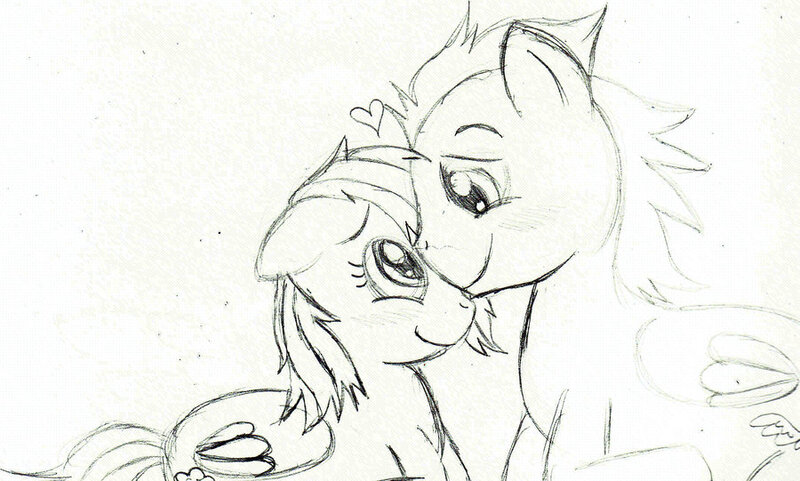 Size: 900x541 | Tagged: safe, artist:schwarzekatze4, derpibooru import, rainbow dash, soarin', female, heart, male, monochrome, nuzzling, old cutie mark, shipping, soarindash, straight, traditional art