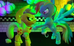 Size: 888x555 | Tagged: angry, animatronic, applefreddy, applefreddy fazjack's pizzeria, applejack, derpibooru import, five nights at aj's, foxy dash, rainbow dash, rainbow foxy, robot, safe