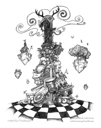 Size: 972x1224 | Tagged: artist:halfsparkle, chaos, checkerboard, derpibooru import, discord, discord's throne, draconequus, floating island, grayscale, male, monochrome, safe, solo, throne