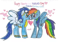 Size: 900x636 | Tagged: safe, artist:wubsontoast, derpibooru import, rainbow dash, soarin', blushing, female, heart, male, shipping, soarindash, straight, traditional art