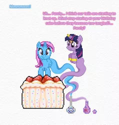 Size: 504x529 | Tagged: safe, artist:verve, derpibooru import, twilight sparkle, oc, oc:parcly taxel, alicorn, genie, genie pony, pony, ain't never had friends like us, albumin flask, ask genie twilight, alicorn oc, birthday cake, bottle, cake, food, horn, strawberry, wings