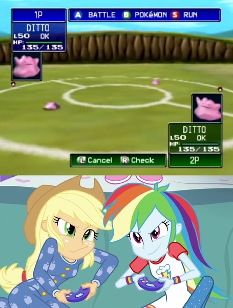 Size: 776x1024 | Tagged: safe, derpibooru import, applejack, rainbow dash, ditto, equestria girls, rainbow rocks, applejack and rainbow dash playing, epic battle, exploitable meme, meme, pokémon, pokémon stadium, video game