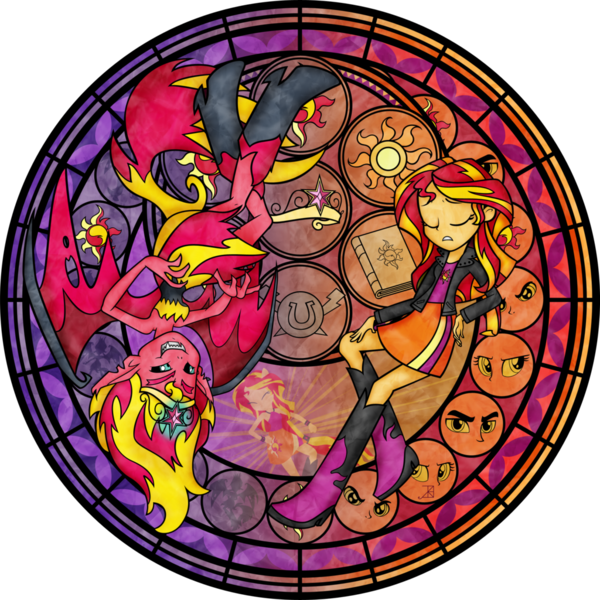 Size: 1024x1024 | Tagged: safe, artist:akili-amethyst, derpibooru import, sunset shimmer, demon, equestria girls, equestria girls (movie), rainbow rocks, book, crown, cutie mark, dive to the heart, duality, eye, eyes, eyes closed, female, jewelry, kingdom hearts, regalia, sad, stained glass, sunset satan